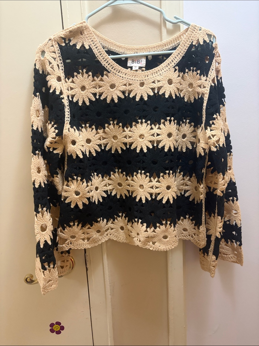BiBi Black & Cream Crochet Daisy Stripe Pullover